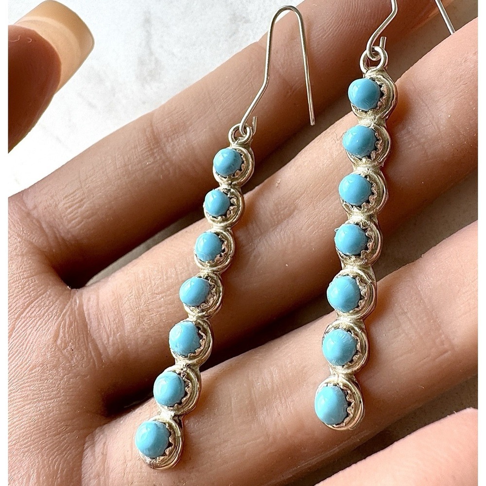 Native American Long Turquoise Earrings Sleeping Beauty 2in Zuni Dangle Sterling